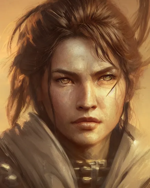 Image similar to the elder scrolls vi, charismatic rugged female nord warrior portrait, illustration, rim light, top light, perfectly shaded, golden hour, epic, intricate, soft painting, art by ross tran, krenz cushart and wenjun lin