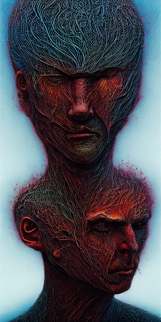 Image similar to portrait of a one man in the style of android jones and zdzislaw beksinski, 1 / 4 headshot.