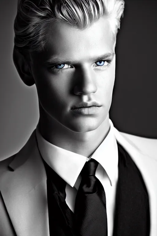 Prompt: stunning black and white portrait of a handsome young blond man by kenneth willardt. medium length glossy hair. face only. hollywood movie star. vintage glamour. suit and tie.