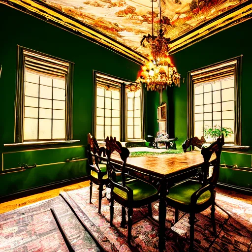 Prompt: beautiful 35mm footage landscape photography of a old antique Victorian Dining room, wood, green black gold brown colors, ornate wallpaper, stylistic furniture, window open to dark forest at night, wide-angle lens, detailed