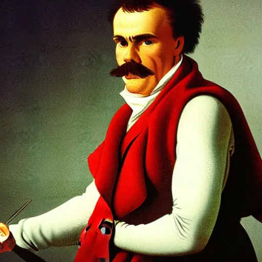 Prompt: Nietzsche in Switzerland, painted by Jacques Louis David