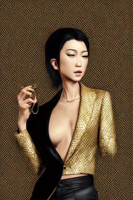 Image similar to yakuza slim girl, gold suit jacket in snake print, jacket over bare torso, yakuza tattoo on body, black short curtain haircut, black leather pants with black belt, portrait, elegant, 2d, ultra highly detailed, digital painting, smooth, sharp focus, artstation, art by Ilya Kuvshinov, rossdraws