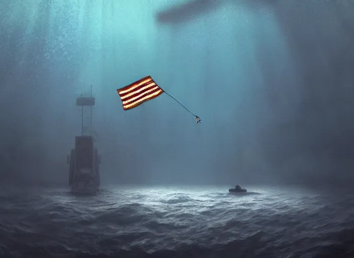 Prompt: astronaut underwater holding a flag in the sand of the bottom of the ocean. a submarine is visible in the distance. dark, concept art, cinematic, dramatic, atmospheric, 8 k, trending on artstation, low visibility, fog, ocean floor, christopher nolan, interstellar