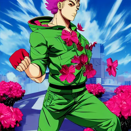 Image similar to handsome boxer, punching, wearing jacket, bodybuilder posing, portrait surrounded by hibiscus flowers, jojo cover art, jojo anime style, david production, style of vento aureo cover art, style of stone ocean cover art, style of steel ball run cover art, style of jojolion cover art, ilya kuvshinov style, illustrated by hirohiko araki