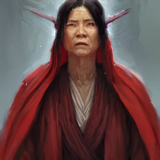 Image similar to portrait of a woman by greg rutkowski, jedi queen, half asian, black bob hair, star wars expanded universe, she is about 5 0 years old, wearing jedi red robes.