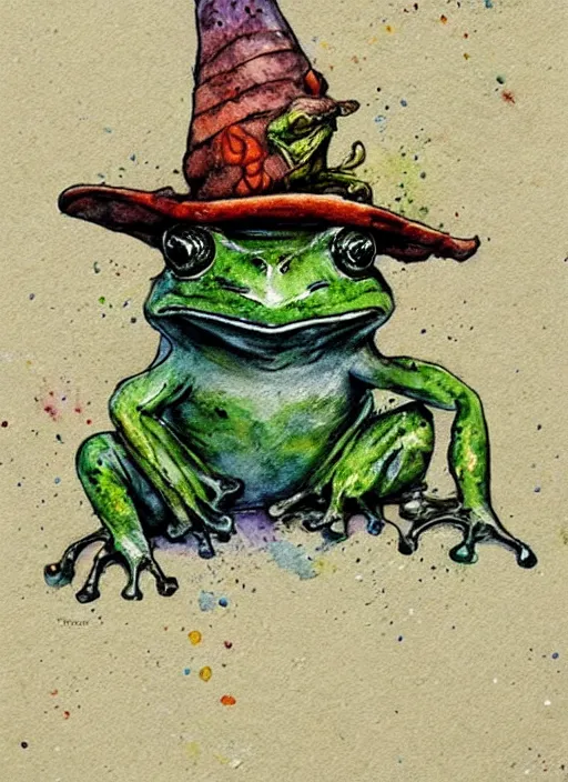 Prompt: detailed frog with a wizard hat by jean - baptiste monge and frank frazetta, post processing, painterly, book illustration watercolor granular splatter dripping paper texture, ink outlines, painterly, trending on artstation, trending on pinterest childrens art