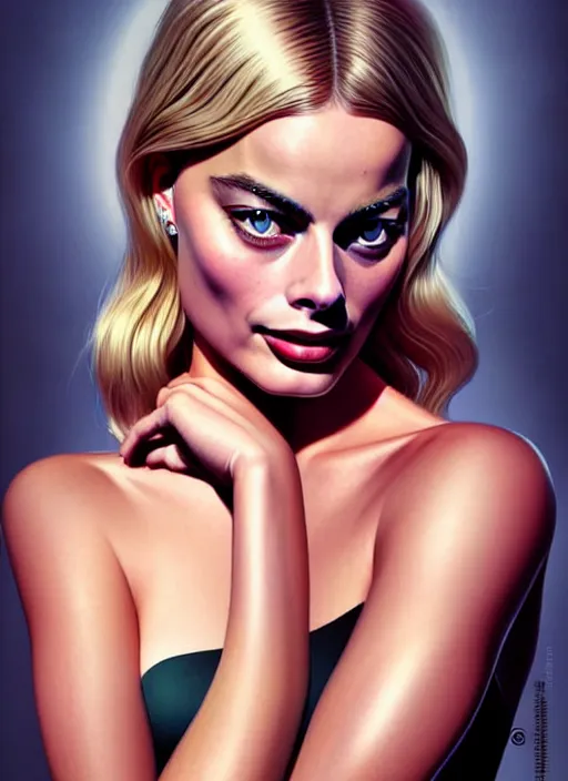 Image similar to margot robbie in the style of stefan kostic, realistic, full body shot, wide angle, sharp focus, 8 k high definition, insanely detailed, intricate, elegant, art by stanley lau and artgerm, floating embers