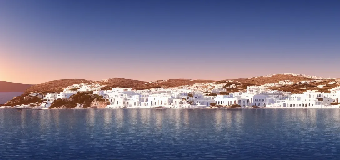 Image similar to beautiful peaceful grecian landscape in summer, blue skies, hills in the far background distance, sea reflecting of the sun, white buildings, mykonos, cinematic lighting, soft glow, wide angle, focus, 3 d artstation render, unreal engine