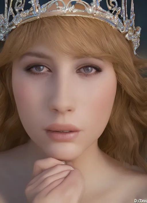 Image similar to closeup face profile portrait of a fairytale princess wearing a crown eating cakes, bikini, depth of field, zeiss lens, fashion photoshoot, by dan decarlo, breathtaking, 8 k resolution, extremely detailed, beautiful, establishing shot, artistic, hyperrealistic, octane render
