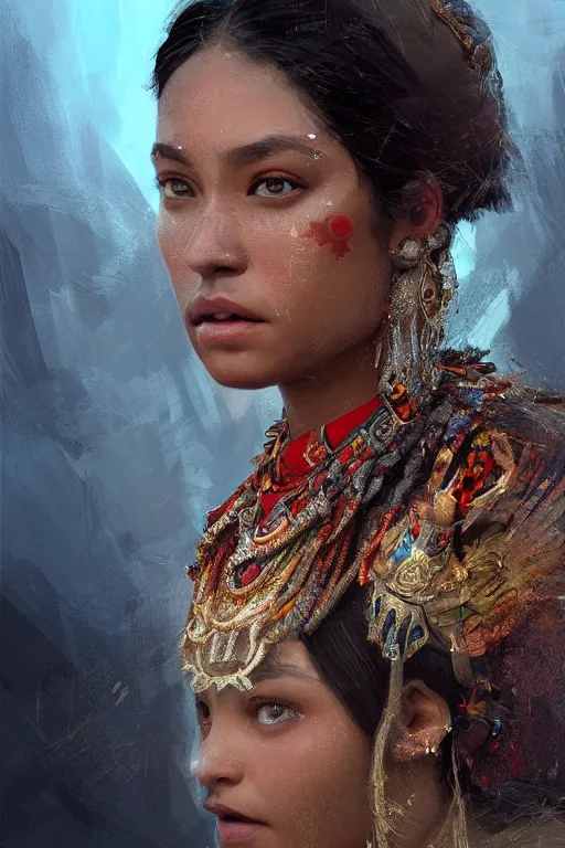 Image similar to aztec princess, gorgeous, close - up portrait, intricate, elegant, volumetric lighting, scenery, digital painting, highly detailed, artstation, sharp focus, illustration, concept art, ruan jia, steve mccurry