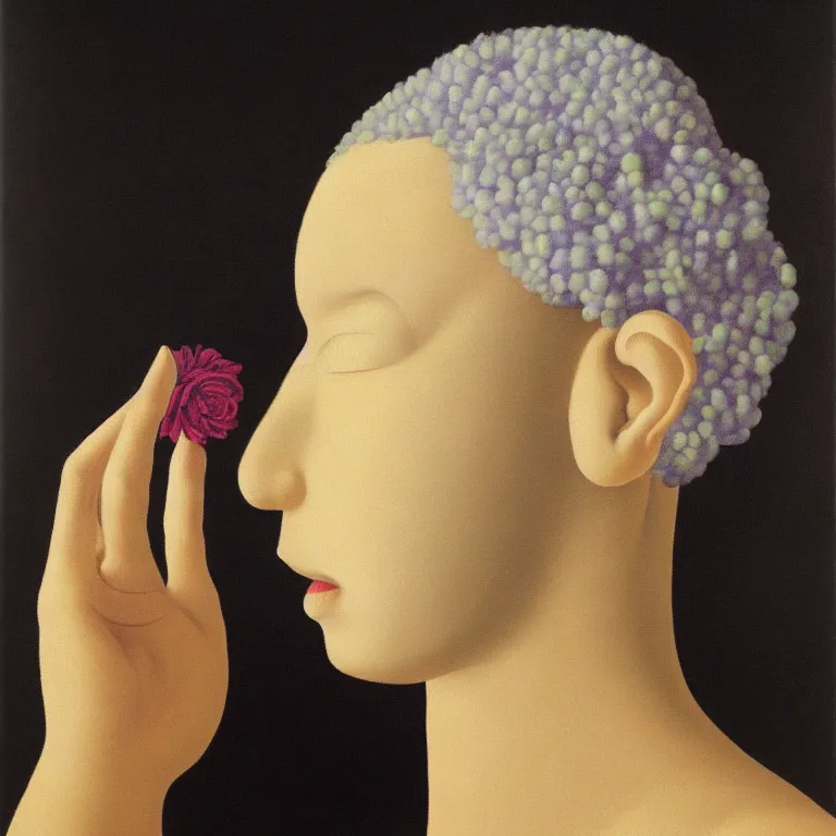 Image similar to portrait of a faceless lavender and camellia flower - head black woman by rene magritte, detailed painting, distance, centered, hd, hq, high resolution, high detail, 4 k, 8 k