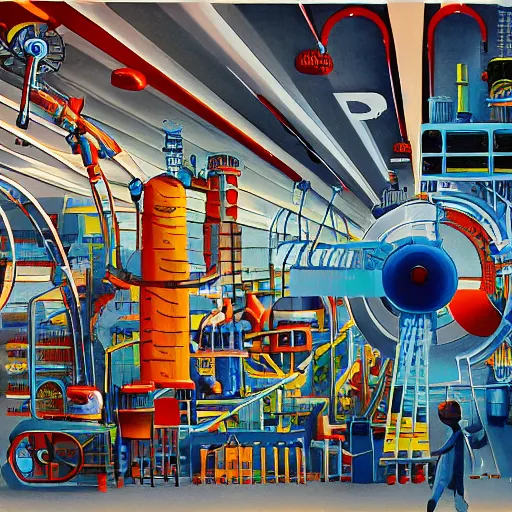 Prompt: a futuristic factory with pipes and robotic machinery make toys, in the style of salvador dahli, painting,