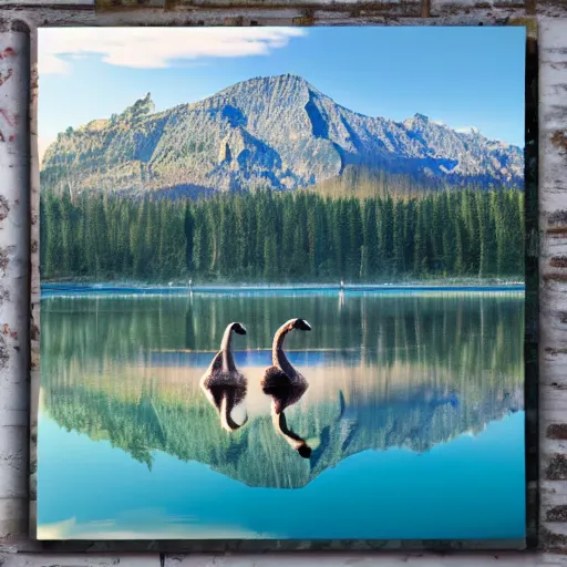 Image similar to photo of two black swans swimming in a beautiful reflective mountain lake, touching heads, forming a heart with their necks, a colorful hot air balloon is flying above the swans, hot air balloon, intricate, 8k highly professionally detailed, HDR, CGsociety