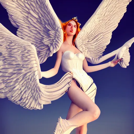 Image similar to fantasy angel with wings inspired avant - garde art, deco fashion, highly detailed, photorealistic portrait, bright studio setting, studio lighting, crisp quality and light reflections, unreal engine 5 quality render