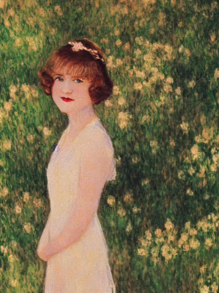 Prompt: zelda fitzgerald as a beautiful young girl, wearing 1 9 2 0 s fashion, brown hair, slim, fair, turning her head and smiling, in the sun, out of focus, backlit, close up, oil on canvas, by monet, in the style of le promenade