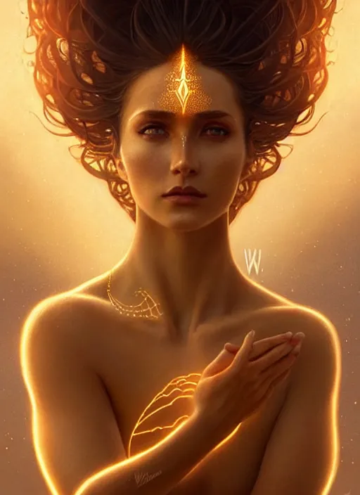 Image similar to a beautiful cinematic female sand goddess, glow golden tatto, galatic shamen with Quantum energy fantasy, fantasy magic, undercut hairstyle, dark light night, intricate, elegant, sharp focus, illustration, highly detailed, digital painting, concept art, matte, art by WLOP and Artgerm and Greg Rutkowski and Alphonse Mucha, masterpiece