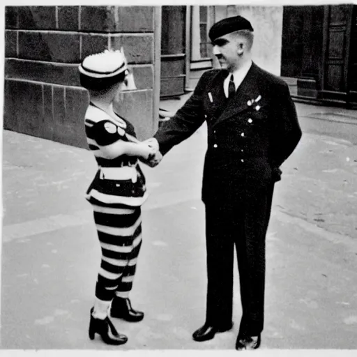 Image similar to monochrome vintage photograph of ariana grande and adolf hitler shaking hands in berlin, 8 k, very detailed, very intricate,