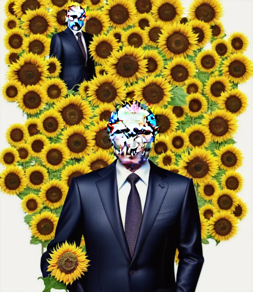 Image similar to photo portrait of Vladimir Putin - sunflowers - dressed in leisure suit with sunflower pattern and tombstone for a tie, natural skin tone, highly detailed realistic flowers ornament on suit, facial wrinkles and brows are intricate with highly detailed realistic flowers, elegant, Realistic, Refined, Highly Detailed, natural soft pastel lighting colors scheme, fine art photography by Cecil Beaton, volumetric lighting, hyper realistic photography