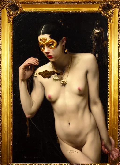 Image similar to highly detailed oil painting | very intricate | cinematic lighting | black, white and gold color scheme, dark background | asian demon | by roberto ferri, by gustav moreau, by singer sargent and klimt, american romanticism, occult art | by austin osman spare, artstation, cgsociety, official art, octane
