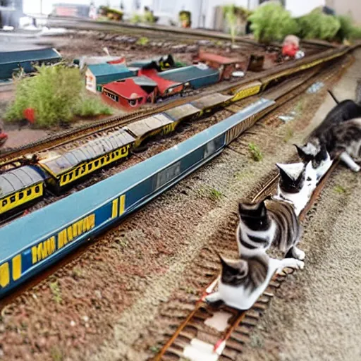 Prompt: a huge model railroad being attacked by cats,