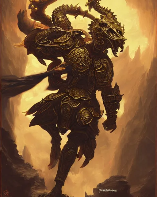 Image similar to Golden Dragonborn Samurai. Award winning oil painting by, ross tran, Thomas Cole and Wayne Barlowe. Highly detailed