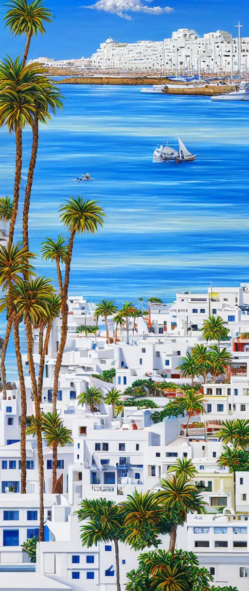 Image similar to hyperrealistic painting of lanzarote, mechanical designs, white houses and palms, boats, technological, detailed engineering, vivid color, elegant, meticulous, cinematic, cyberpunk style, highly detailed, realism, intricate, acrylic on canvas, 8 k resolution, concept art, by noriyoshi ohrai, francesco di giorgio martini