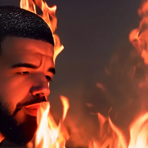 Prompt: cinematic film still of Drake starring as a Japanese Sensei with fire, Japanese CGI, VFX, 2022, 40mm lens, shallow depth of field, film photography