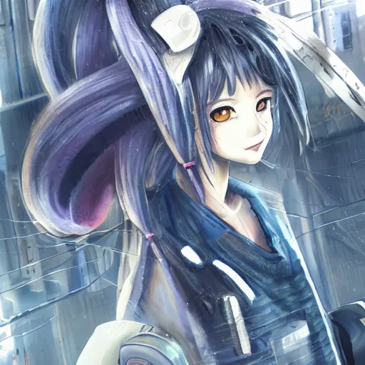 Image similar to dynamic composition, motion, ultra-detailed, incredibly detailed, a lot of details, amazing fine details and brush strokes, colorful and grayish palette, smooth, HD semirealistic anime CG concept art digital painting, watercolor oil painting of Clean and detailed post-cyberpunk sci-fi close-up schoolgirl in asian city in style of cytus and deemo, blue flame, relaxing, calm and mysterious vibes,, by a Chinese artist at ArtStation, by Huang Guangjian, Fenghua Zhong, Ruan Jia, Xin Jin and Wei Chang. Realistic artwork of a Chinese videogame, gradients, gentle an harmonic grayish colors. set in half-life 2, Matrix, GITS, Blade Runner, Neotokyo Source, Syndicate(2012), dynamic composition, beautiful with eerie vibes, very inspirational, very stylish, with gradients, surrealistic, dystopia, postapocalyptic vibes, depth of field, mist, rich cinematic atmosphere, perfect digital art, mystical journey in strange world