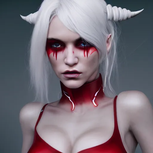 Prompt: a highly detailed beautiful portrait of a humanoid demon girl with white hair, red horns, in white clothes, artstation, deviantart, professional, unreal engine 5, photorealistic