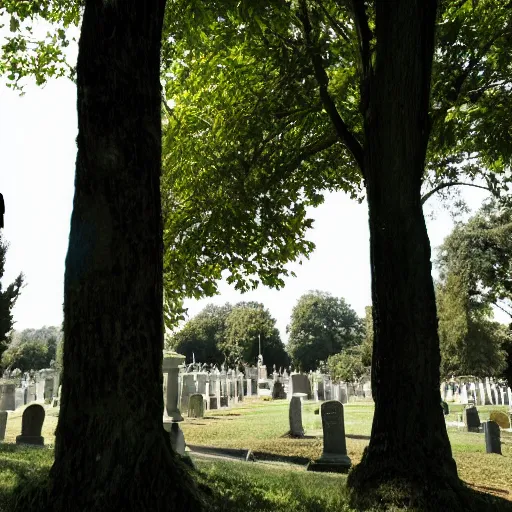 Prompt: Photo of a man in black slightly hidden behind a tree in the cemetery