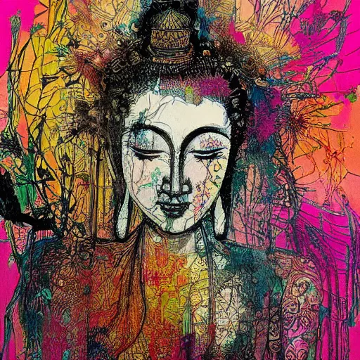 Image similar to contented female bodhisattva, praying meditating, portrait illustration by Carne Griffiths