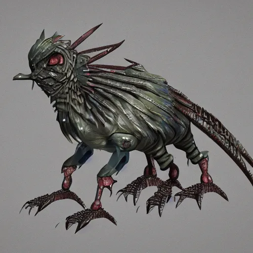 Image similar to a bird tractor hybrid creature monster with metal scales, illustration