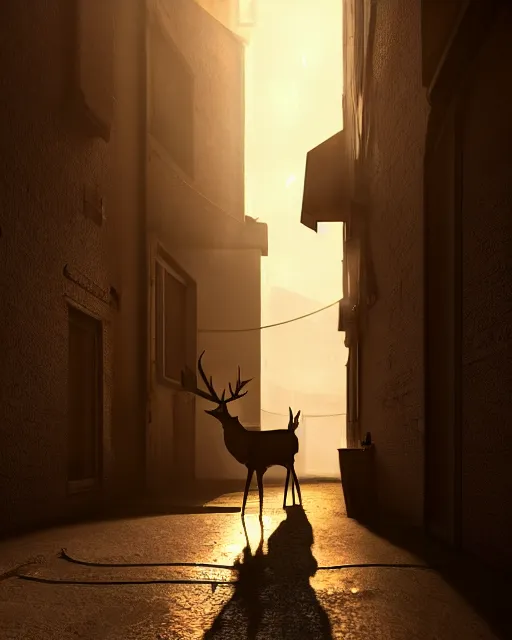 Image similar to artstation scifi scene of two deer long shadow, in a shabby town narrow alley, dim lights, long shadows, summer unreal engine 5, hyper realism, realistic shading, cinematic composition, blender render, octane render, hdr, detailed textures, photorealistic, wide shot