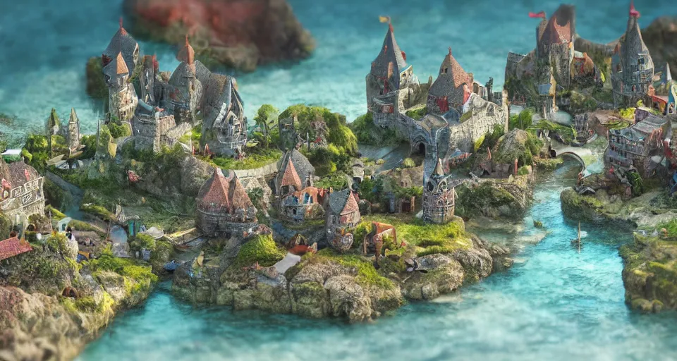 Prompt: tiny kingdom castles and village in a tidal pool with small sea creatures, beautiful, soft light, artstation, macro photography, highly detailed,