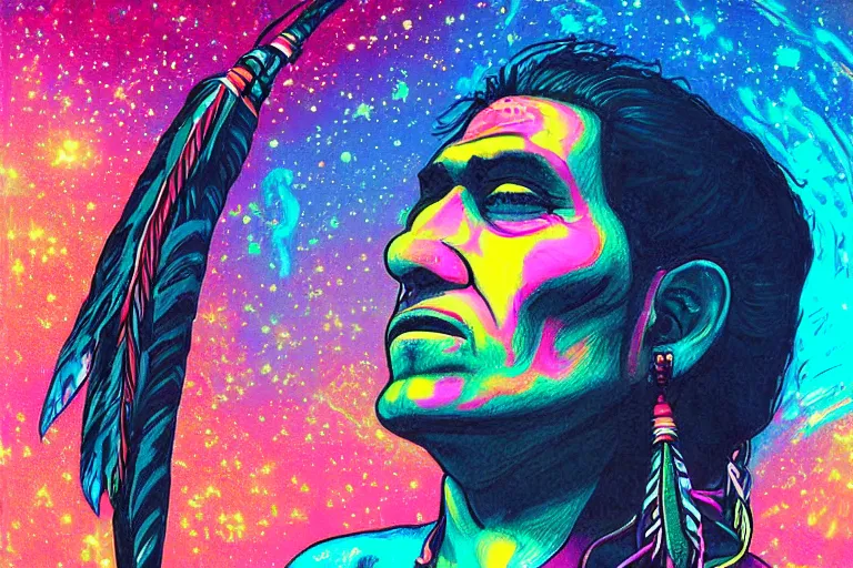 Image similar to digital art of a spiritual native american man looking up at the stars, acrylic art, universe, painting, pastel colors, synthwave, retro, cyberpunk,