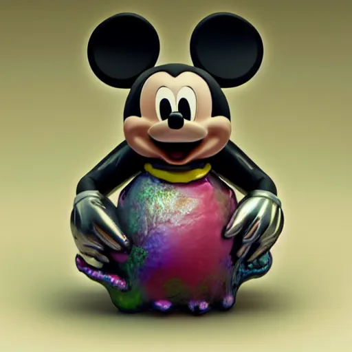 Image similar to mickey mouse head, fractal, broken, wet, mycelium, radiant alien, rococo, baroque, automotive, bio-mechanical, porcelain, iridescent sub surface scattering, octane render