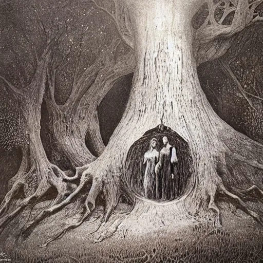 Prompt: Adam and Even dressed in Victorian dresses hug under the Tree of Life, by Beksinski and Greg Rutkowski