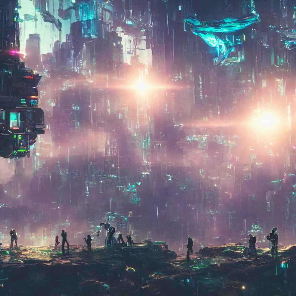Prompt: a cinematic composition depicting : a translucid crystal being, behind their hud viewing out of their window how a high tech lush solarpunk tribe collaborating with their technologic android helpers encroaching on a distant cyberpunk world at sunrise