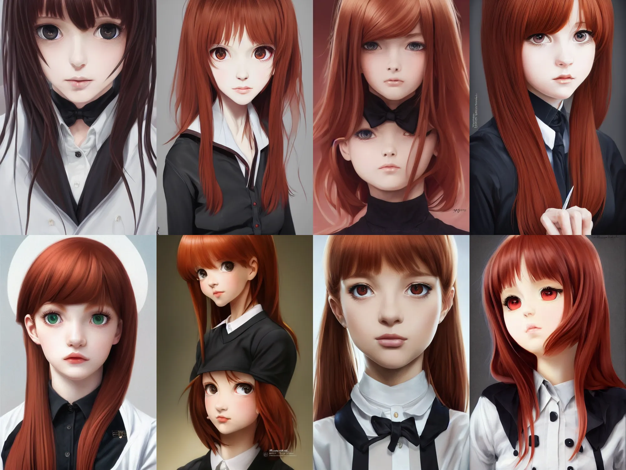 Prompt: Gorgeous ultrarealistic redhead Italian schoolgirl, in black uniform, silky hair, very detailed stunning deep eyes. By ilya kuvshinov, krenz cushart, Greg Rutkowski, trending on artstation. Realistic materials, large highlights, amazing textured brush strokes, accurate shape, clear curvy details, cinematic soft volumetric studio lighting, with backlight, VFX, HDR