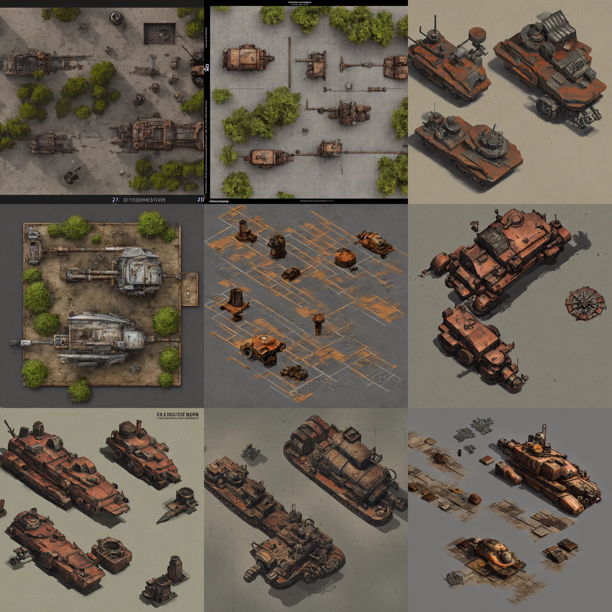 Prompt: 2 d axonometric overhead view, bird's eye view!!!, digital painted rusted dieselpunk tank virtual tabletop asset sheet, floor plan view, roll 2 0, 2 - minute tabletop, battle map prop, black background, unity asset store, by greg rutkowski, trending on artstation