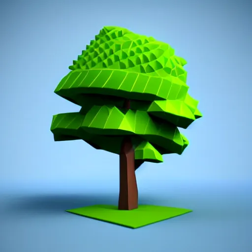 Image similar to a 3d low poly object of just a small green tree on the blue background