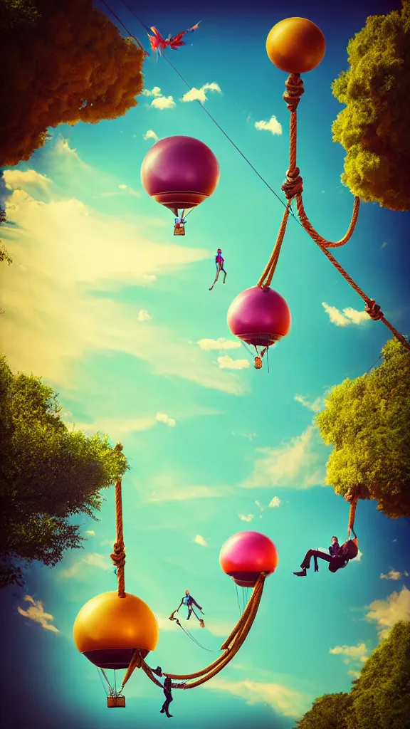 Image similar to large colorful futuristic steampunk balloons with people on rope swings underneath, flying high over the beautiful countryside landscape, professional photography, 8 0 mm telephoto lens, realistic, detailed, digital art, unreal engine