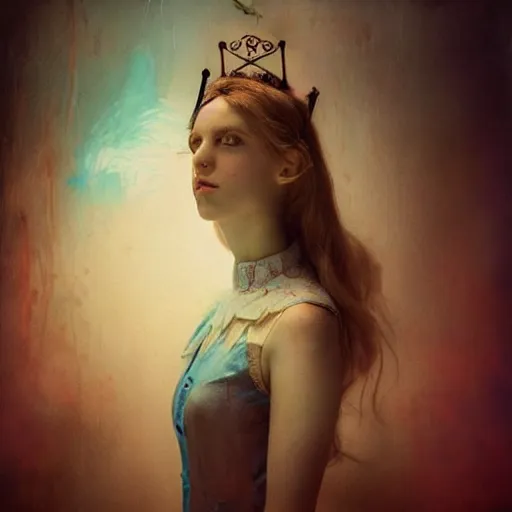Prompt: beautiful Alice in wonderland portrait by cy Twombly and BASTIEN LECOUFFE DEHARME, iridescent, volumetric lighting