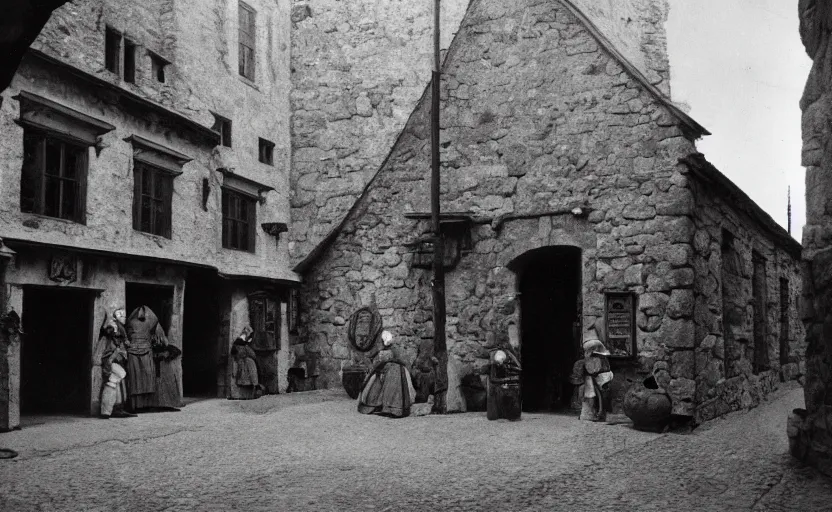 Image similar to Exterior shot of a medieval tavern with dark cinematic and atmospheric lighting by stanley kubrick, shot by 35mm film color photography