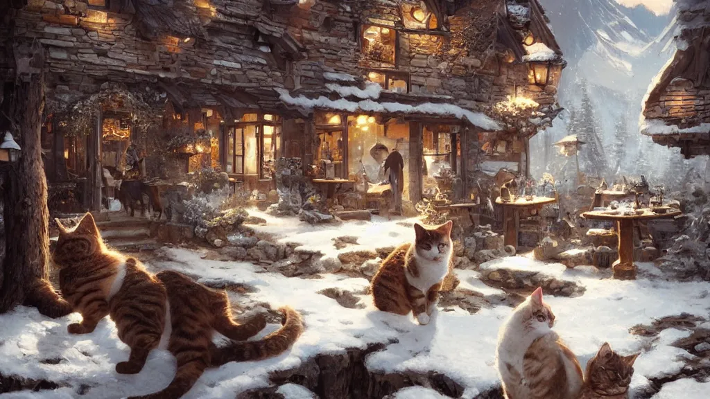 Prompt: cat cafe in the mountains, intricate details, 4 k, cozy wallpaper, trending on artstation, award - winning, art by greg rutkowski