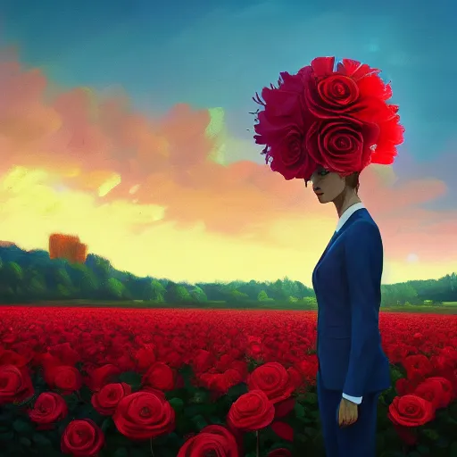 Image similar to closeup, gigantic rose flower head, frontal, girl in a suit, surreal photography, sunrise, blue sky, dramatic light, impressionist painting, digital painting, artstation, simon stalenhag