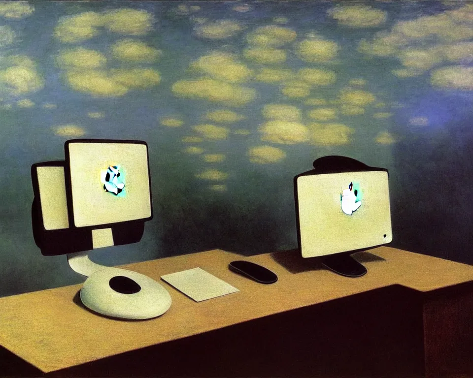 Image similar to achingly beautiful painting of a imac g 3 by rene magritte, monet, and turner. whimsical.