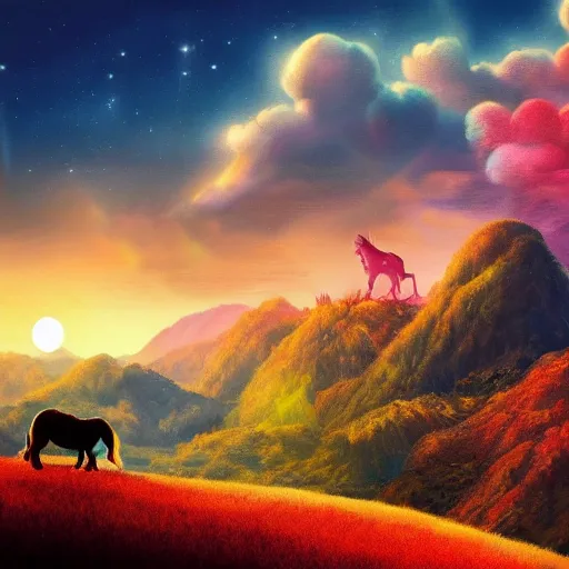 Image similar to ''A colorful unicorn on a beautiful fantasy landscape, hills, mountains, sunlight, HD, illustration, epic''