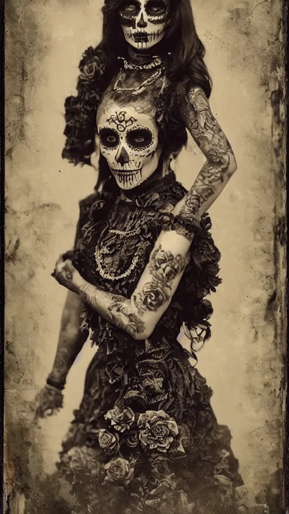 Image similar to tintype full body view, girl in dia de muertos dress and make up, horrific beautiful vibe, evocative, atmospheric lighting, painted, intricate, highly detailed,