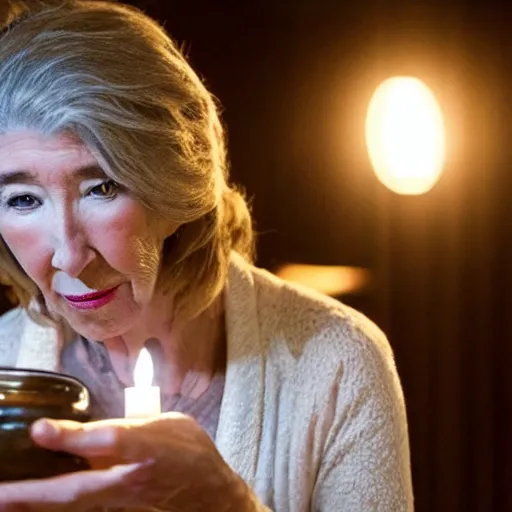 Image similar to a cinematic medium shot of lin shaye holding an oil lamp, realistic, cinematography, dutch angle, 5 0 mm, 3 point lighting, dark setting